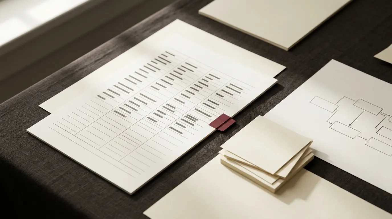 A ledger-style sheet of ruled columns with rows of short dark tally bars, a small stack of square paper tokens beside it, and one dark red paper tab marking a row.