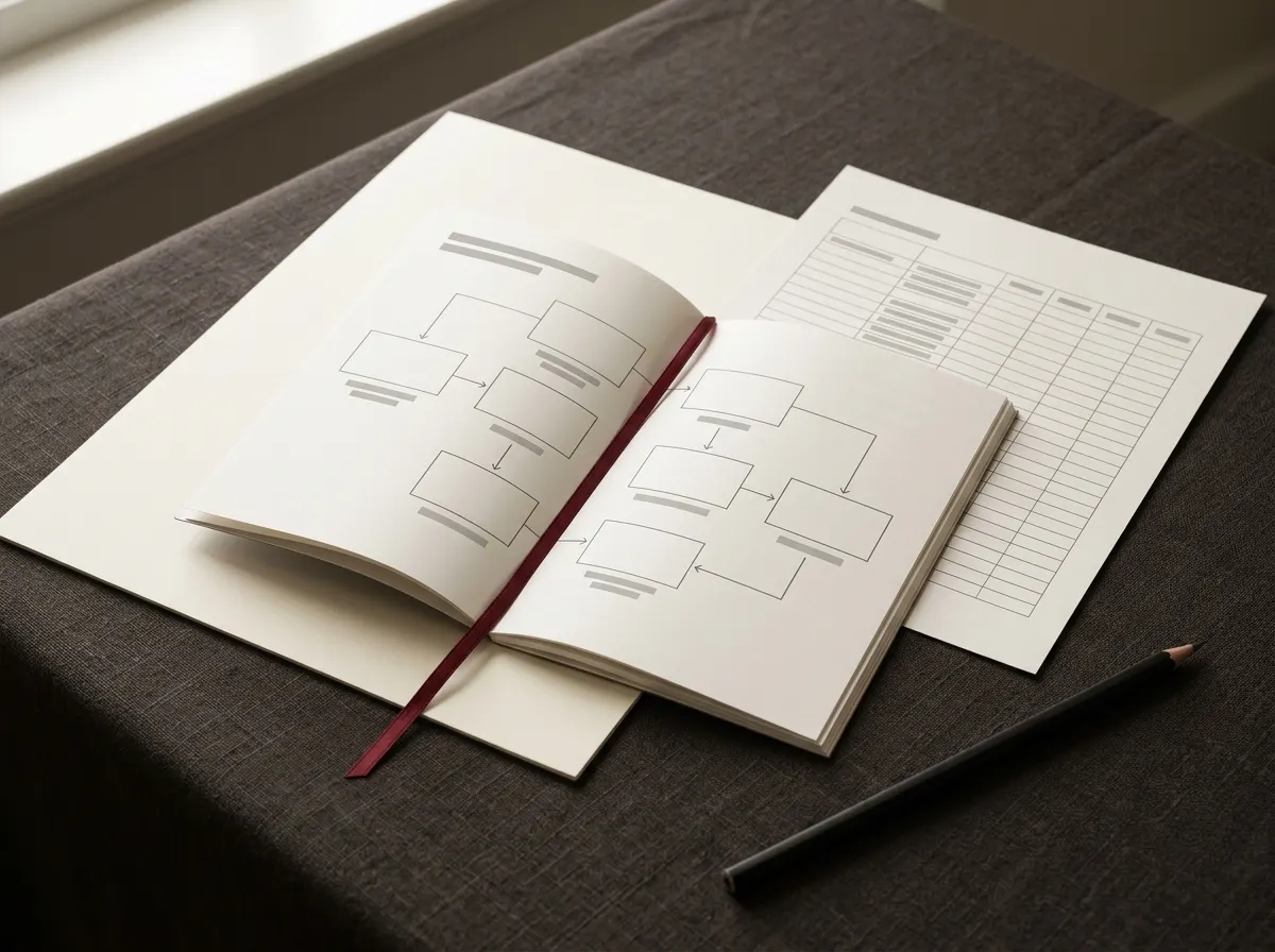 A stapled setup guide lying open on a dark desk, its pages showing a flow diagram of connected boxes, with a spreadsheet grid on a loose sheet beside it and a dark red ribbon bookmark.